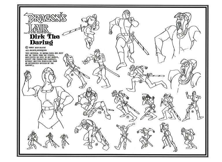 Animation model sheet for Dirk the Daring's expressions and movements