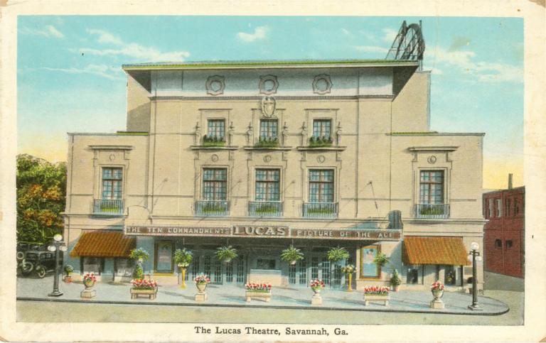 Postcard depicting The Lucas Theatre from Abercorn Street, Savannah, GA